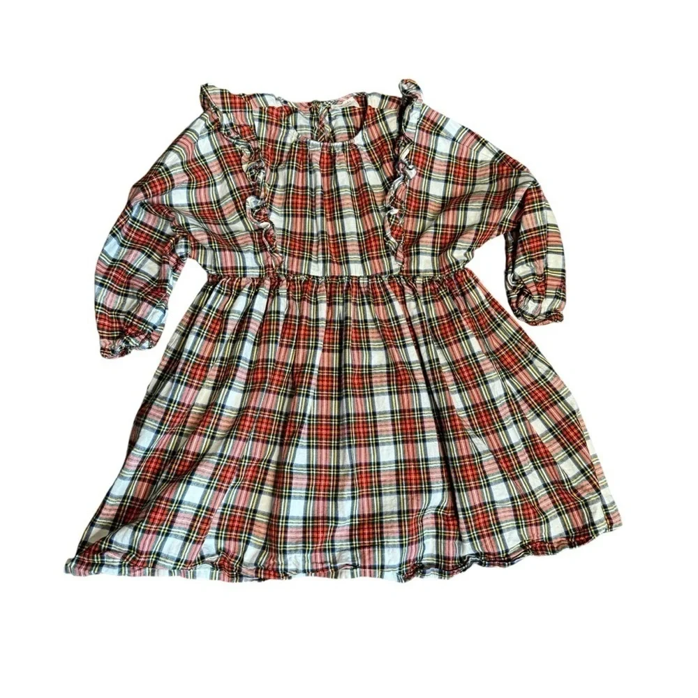J.Crew Girls' Snowy Stewart Tartan  Long-Sleeve Ruffle-Shoulder Dress 7 Holiday
